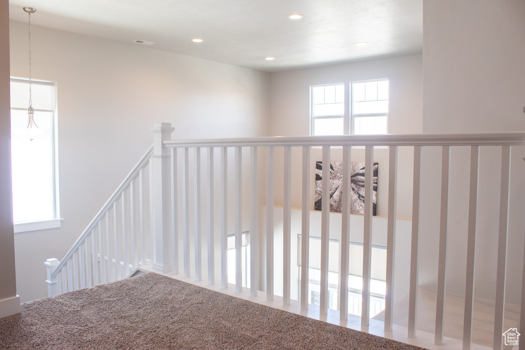 Stairway with carpet flooring and a wealth of natural light