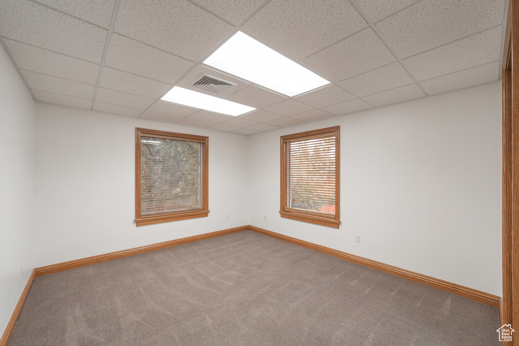 Unfurnished room featuring a drop ceiling and carpet floors