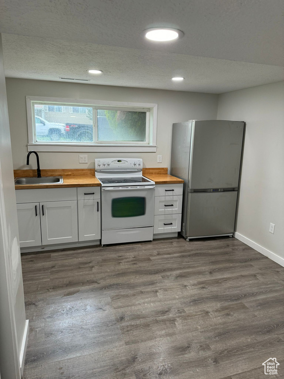 Kitchen featuring wood-type flooring, wooden counters, sink, electric stove, and stainless steel fridge