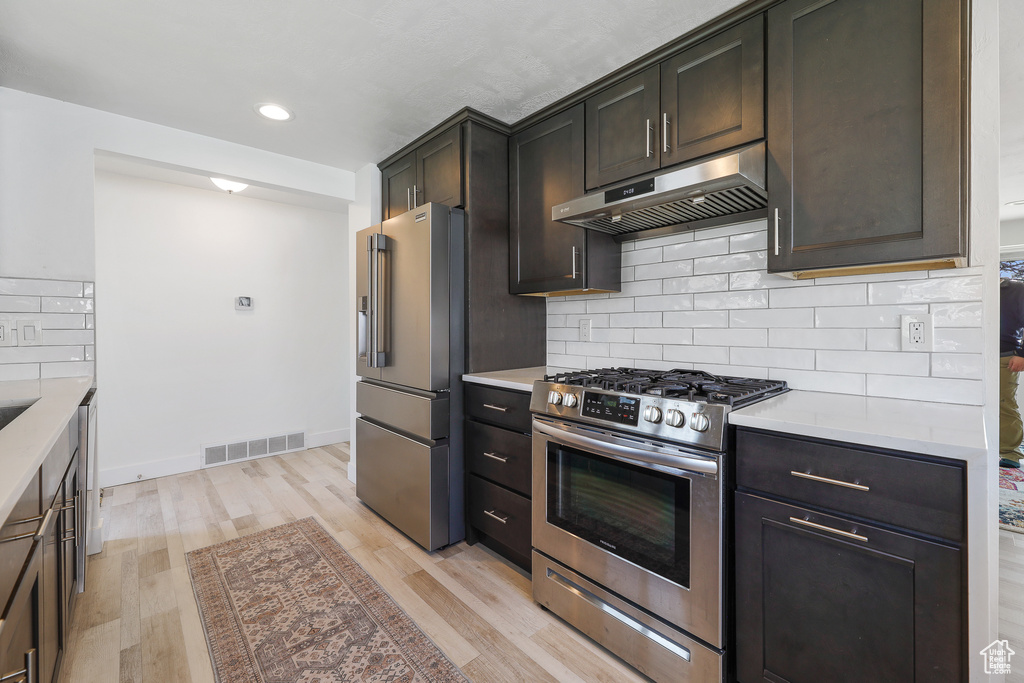 Kitchen featuring dark brown cabinetry, appliances with stainless steel finishes, tasteful backsplash, and light hardwood / wood-style flooring