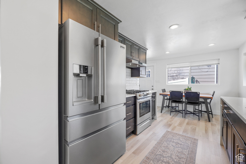 Kitchen with appliances with stainless steel finishes, dark brown cabinetry, tasteful backsplash, and light hardwood / wood-style floors