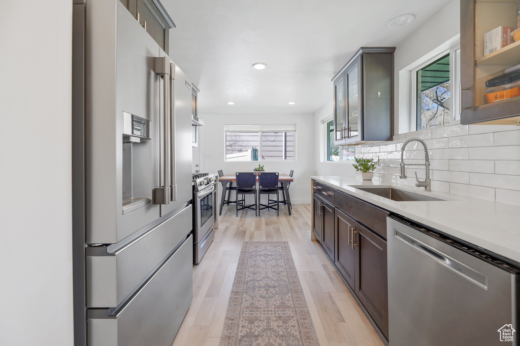 Kitchen featuring sink, appliances with stainless steel finishes, tasteful backsplash, and light wood-type flooring