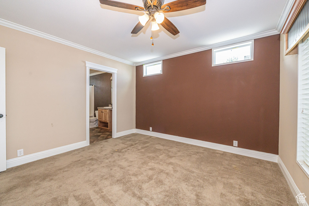 Spare room with ceiling fan, light carpet, and crown molding