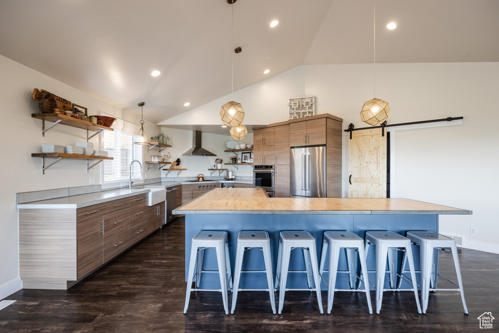 Kitchen with wall chimney exhaust hood, a kitchen breakfast bar, appliances with stainless steel finishes, and a barn door