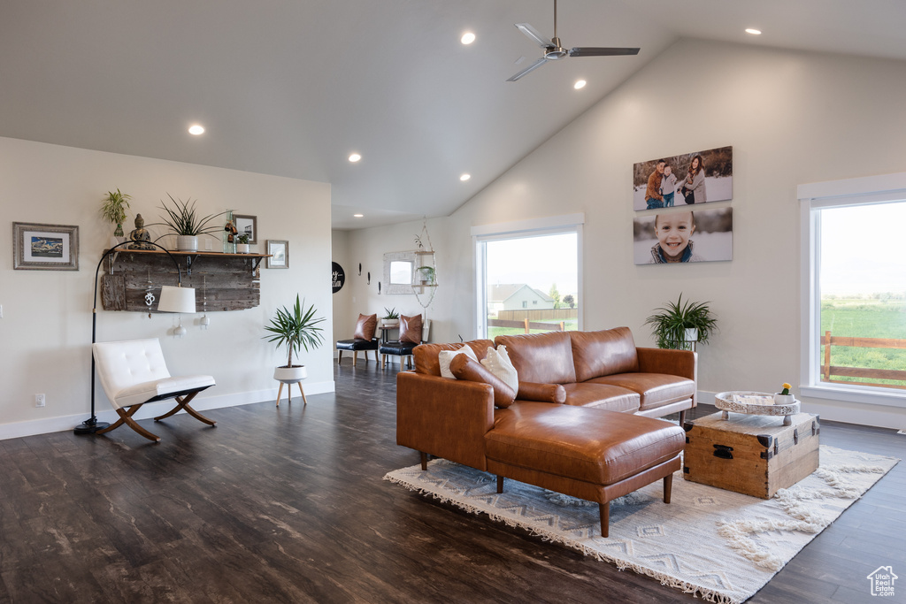 Living room featuring dark wood-type flooring, ceiling fan, and high vaulted ceiling