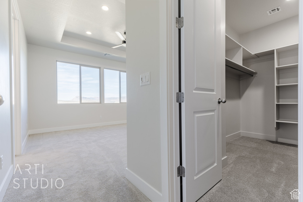 Spacious closet featuring light carpet and a tray ceiling