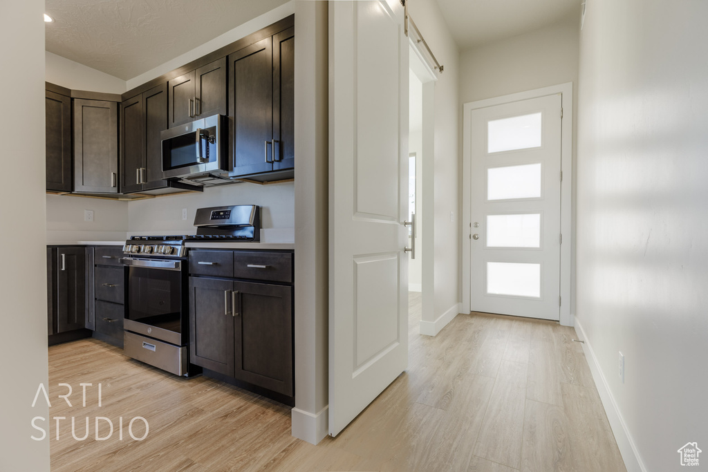 Kitchen featuring appliances with stainless steel finishes, dark brown cabinetry, light wood-type flooring, and a barn door