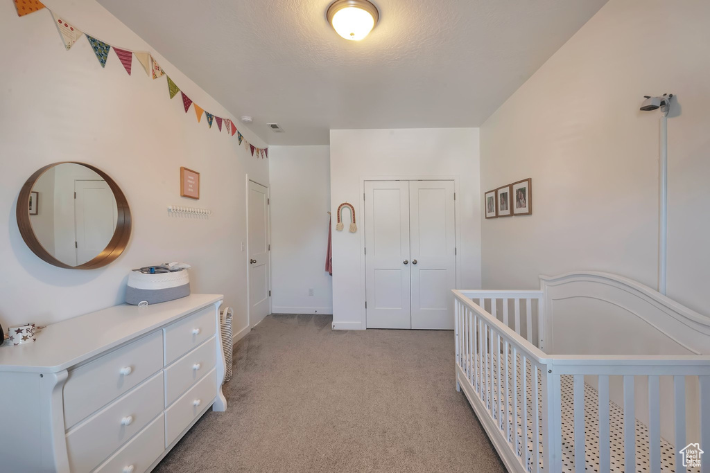 Carpeted bedroom featuring a closet and a nursery area