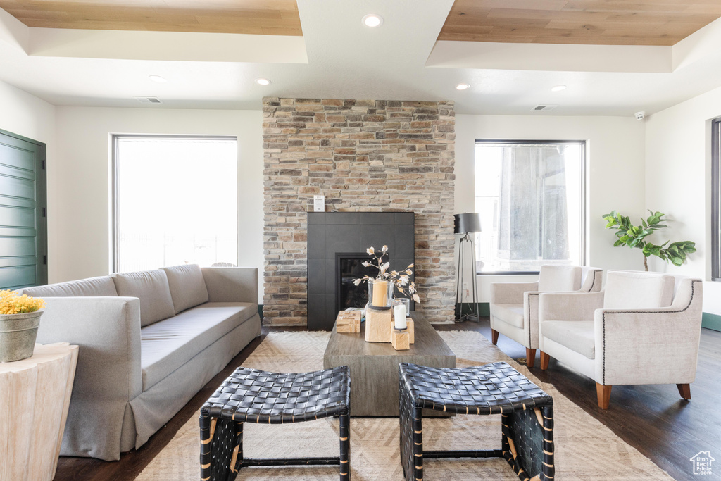 Living room featuring a healthy amount of sunlight, dark hardwood / wood-style floors, a raised ceiling, and a fireplace