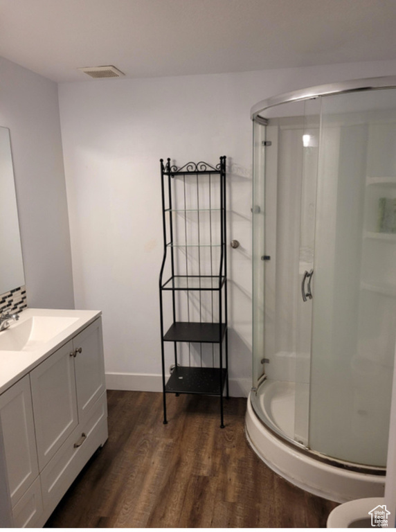 Bathroom featuring walk in shower, vanity, and hardwood / wood-style flooring
