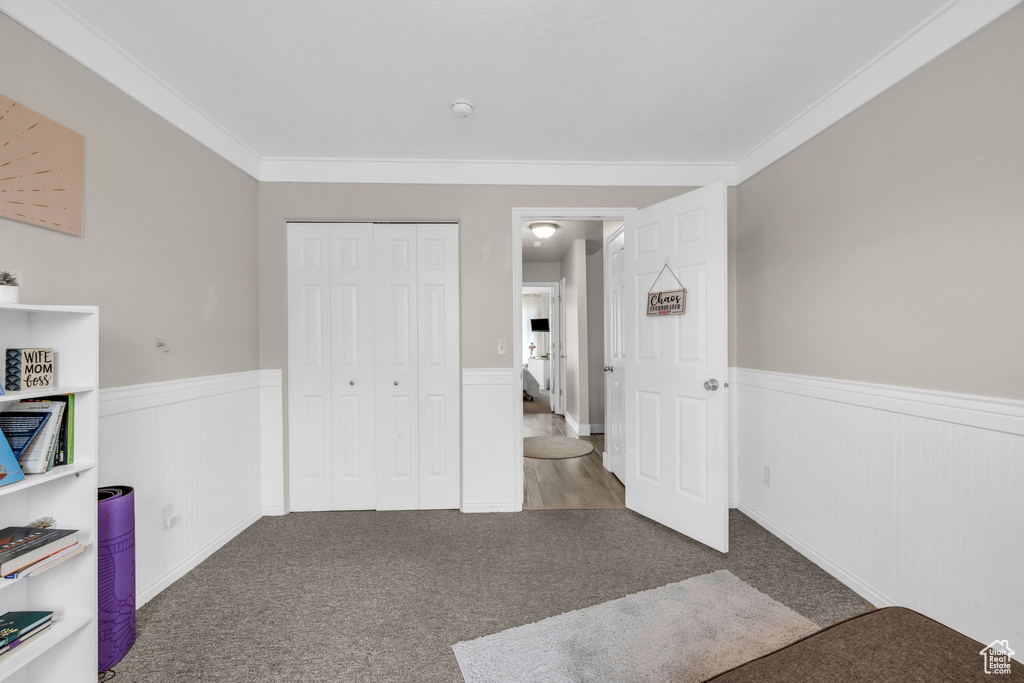 Interior space featuring crown molding, a closet, and dark carpet