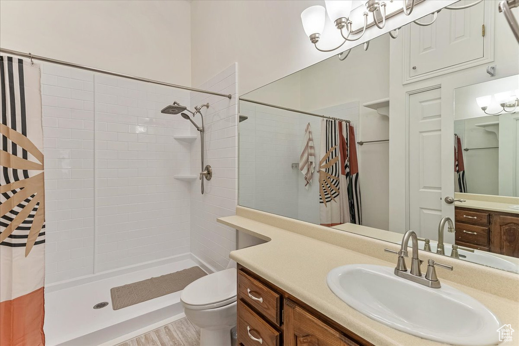 Bathroom featuring a shower with shower curtain, hardwood / wood-style floors, vanity, and toilet