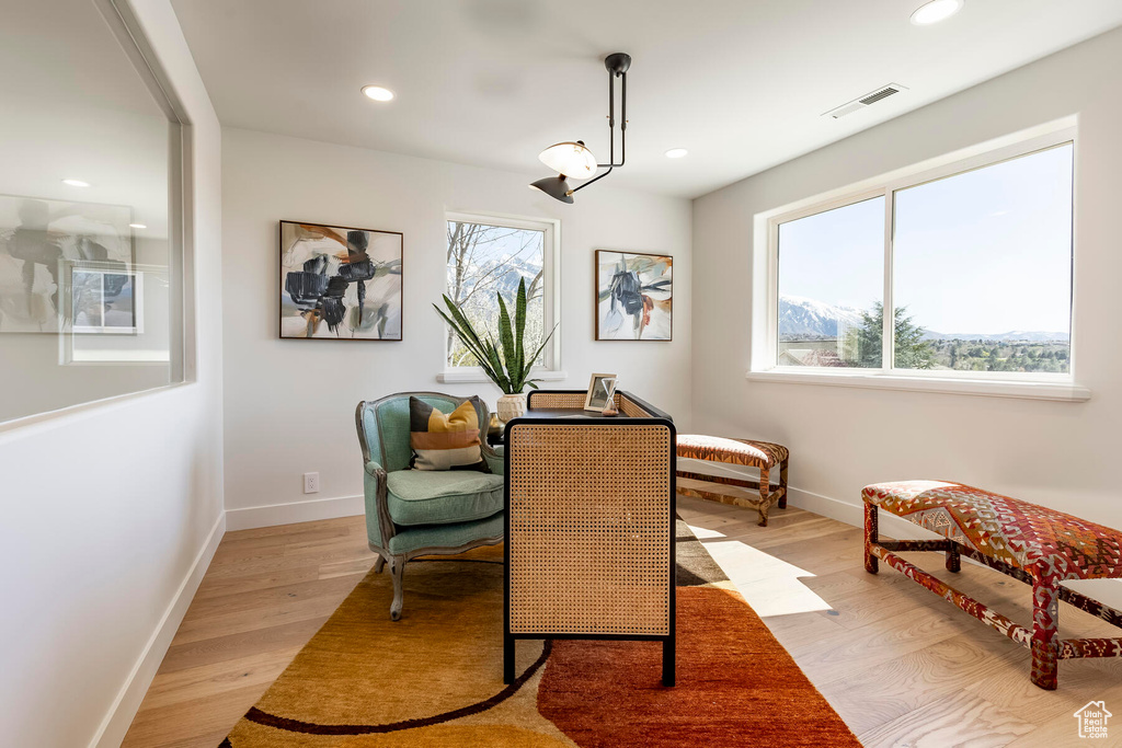 Sitting room with plenty of natural light and light hardwood / wood-style floors