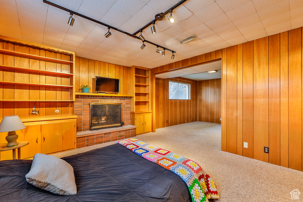 Carpeted bedroom with rail lighting, wood walls, and a fireplace