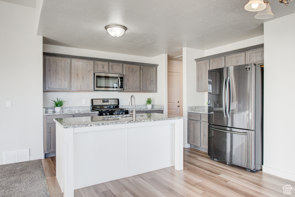 Kitchen featuring light stone countertops, appliances with stainless steel finishes, light hardwood / wood-style flooring, a kitchen island with sink, and sink
