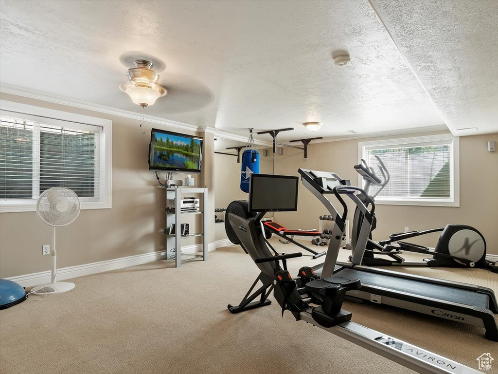 Workout area featuring ornamental molding, light colored carpet, ceiling fan, and a textured ceiling