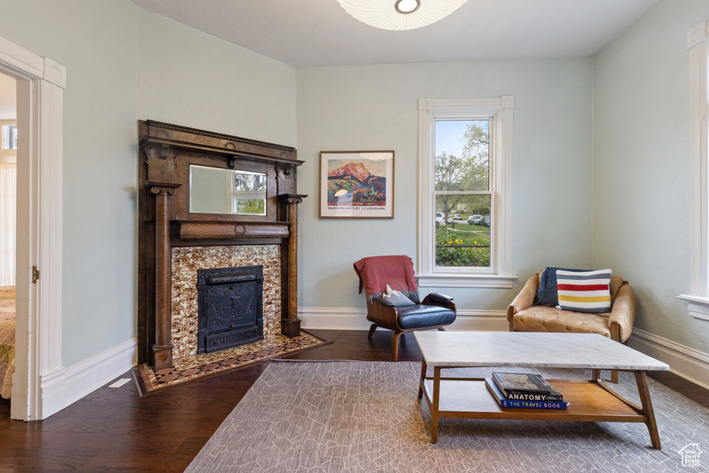 Living area with dark hardwood / wood-style floors
