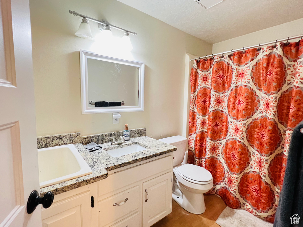 Bathroom featuring a textured ceiling, hardwood / wood-style flooring, vanity, and toilet