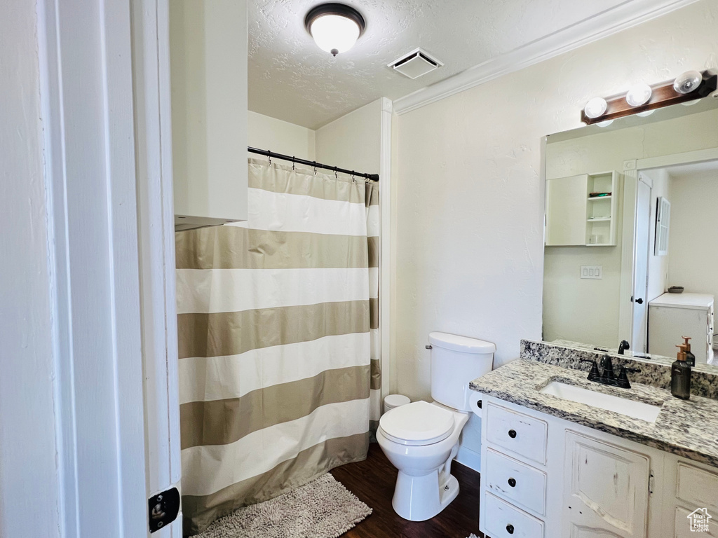 Bathroom with wood-type flooring, toilet, vanity, and a textured ceiling