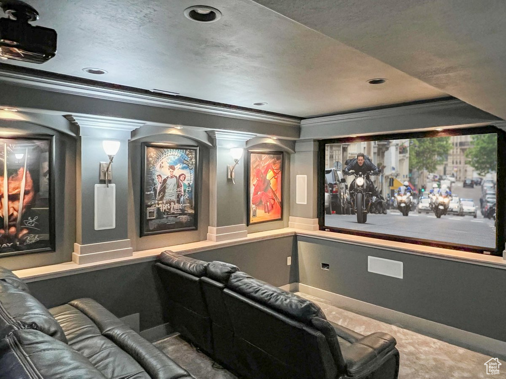 Carpeted cinema room featuring crown molding