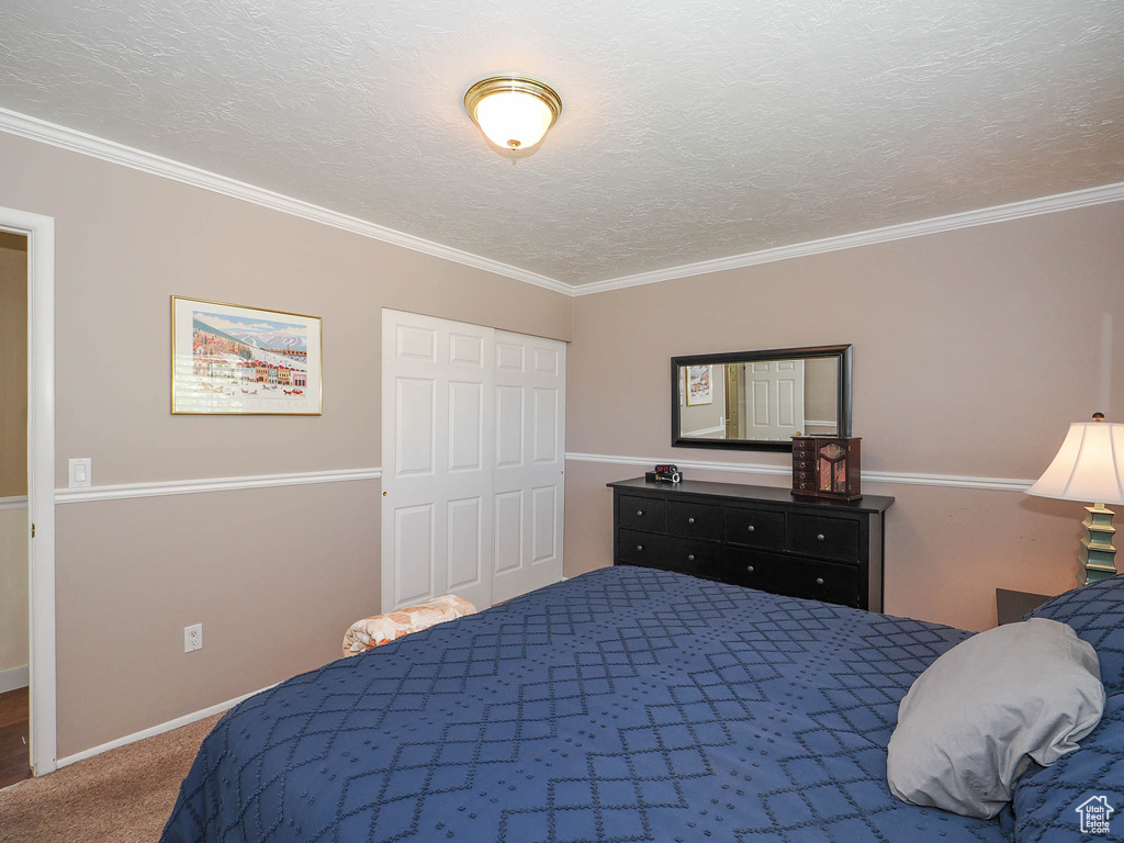 Bedroom with a textured ceiling, a closet, crown molding, and dark colored carpet