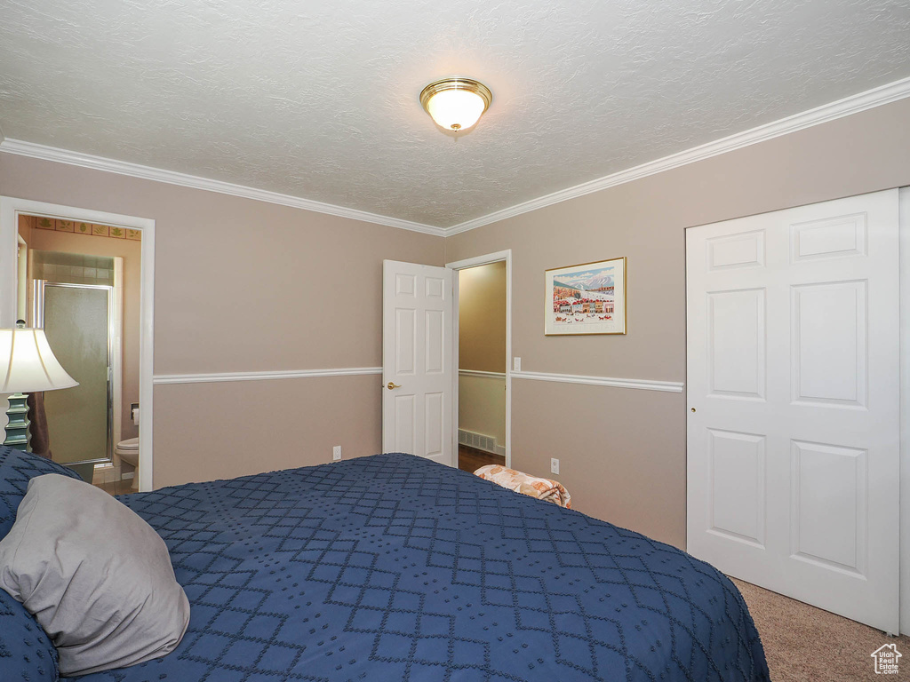 Carpeted bedroom with ensuite bath, a textured ceiling, and crown molding