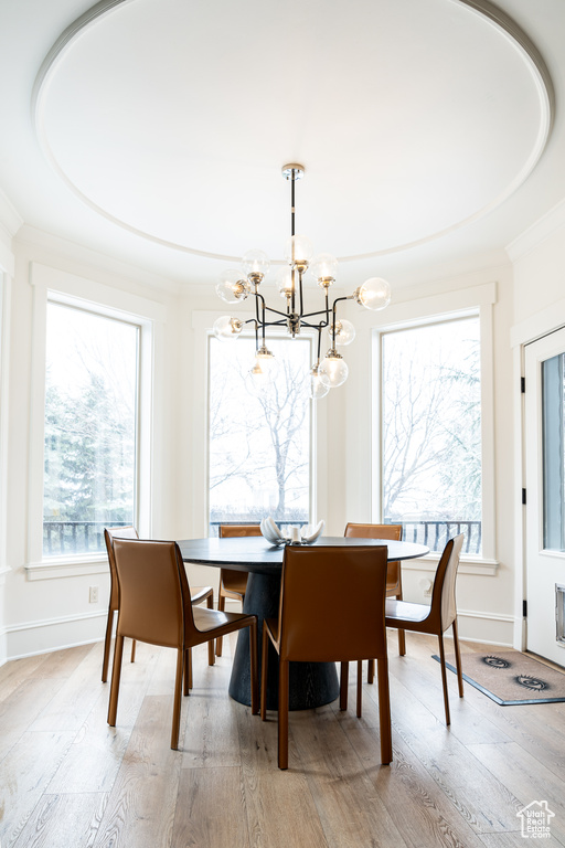 Dining area with a chandelier, plenty of natural light, a tray ceiling, and light wood-type flooring