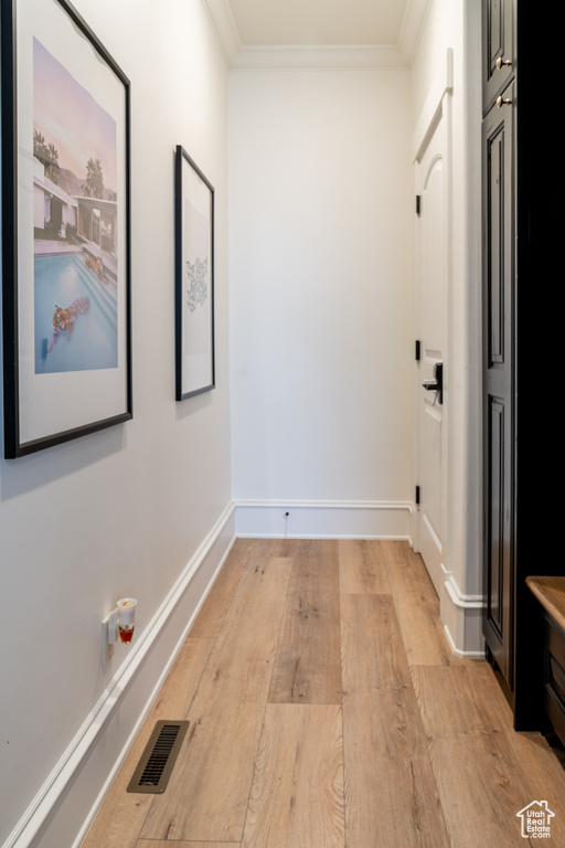 Hall featuring crown molding and light hardwood / wood-style floors