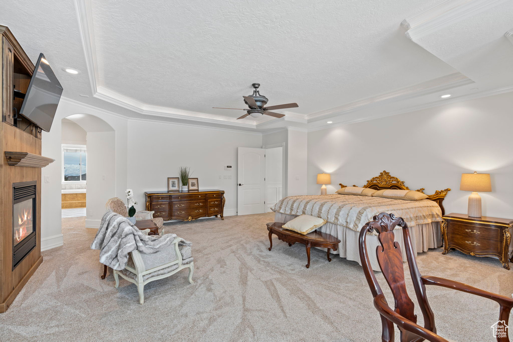 Bedroom featuring ceiling fan, a tray ceiling, and light carpet