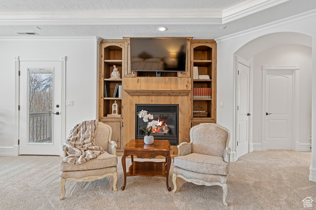 Living area featuring a fireplace, light carpet, a textured ceiling, and ornamental molding