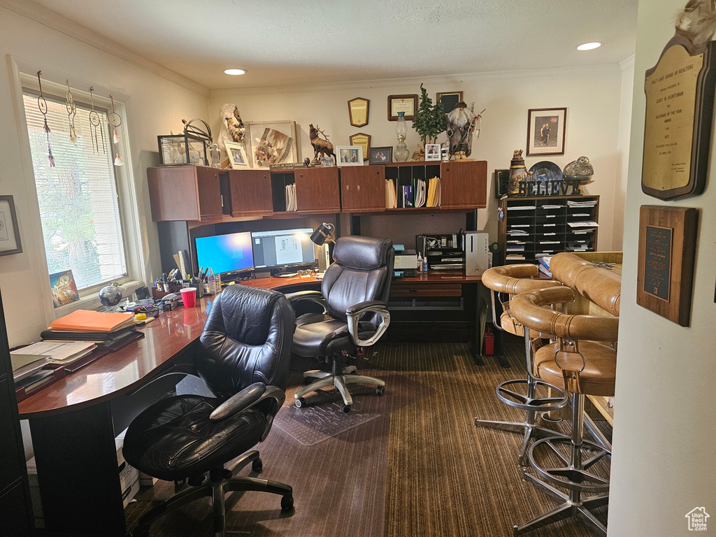 Home office featuring ornamental molding