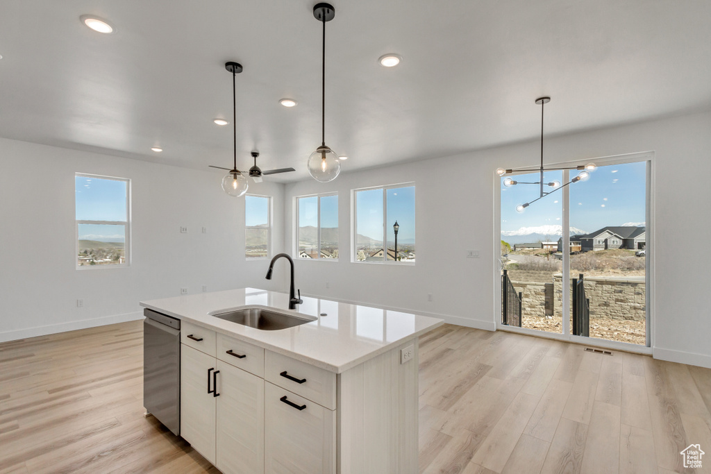 Kitchen featuring white cabinets, light hardwood / wood-style flooring, sink, and dishwasher