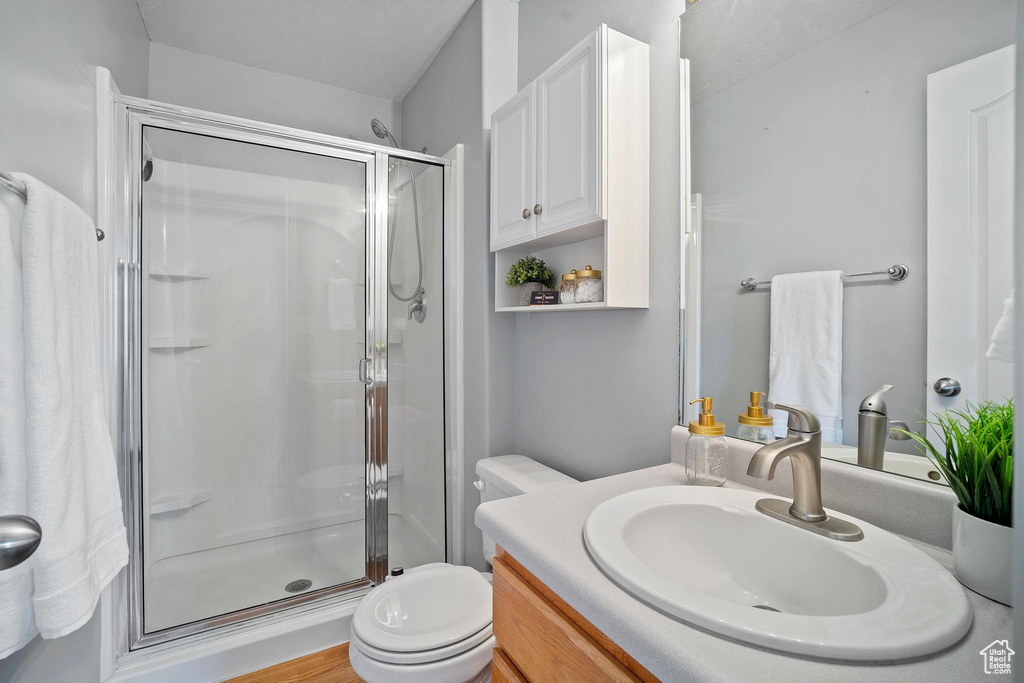 Bathroom featuring hardwood / wood-style flooring, a shower with door, toilet, and large vanity