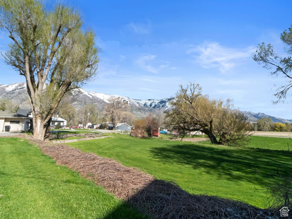 View of nearby features featuring a mountain view and a yard