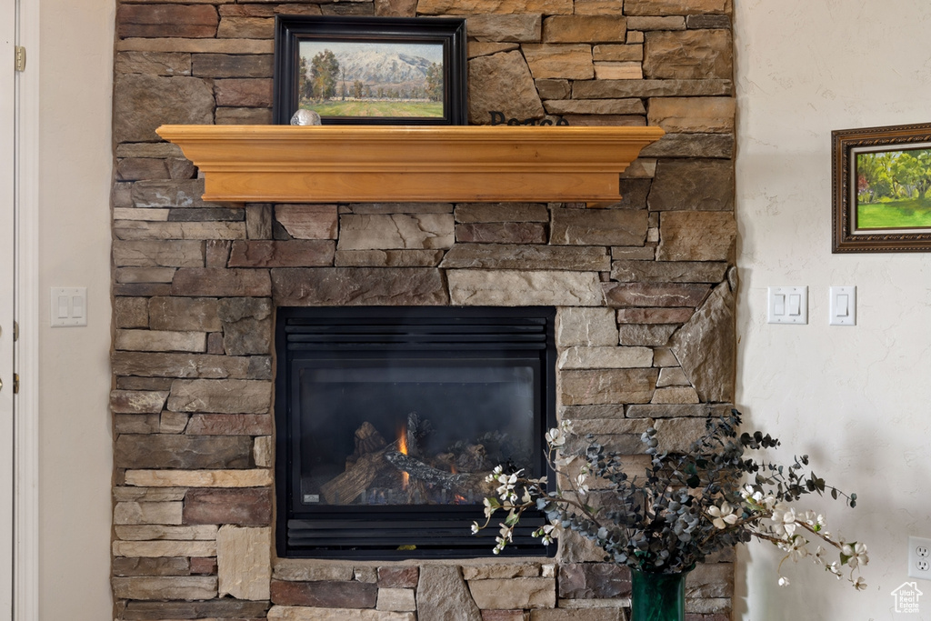 Interior details featuring a stone fireplace