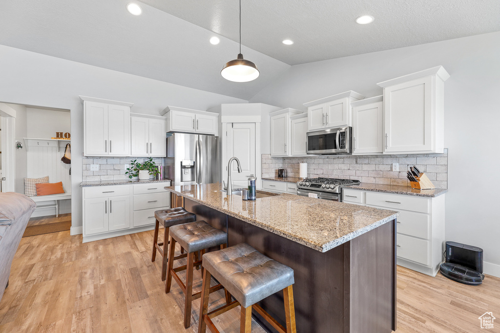 Kitchen with light hardwood / wood-style flooring, stainless steel appliances, sink, vaulted ceiling, and tasteful backsplash