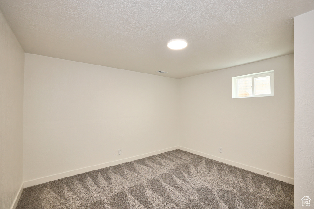 Unfurnished room with carpet and a textured ceiling