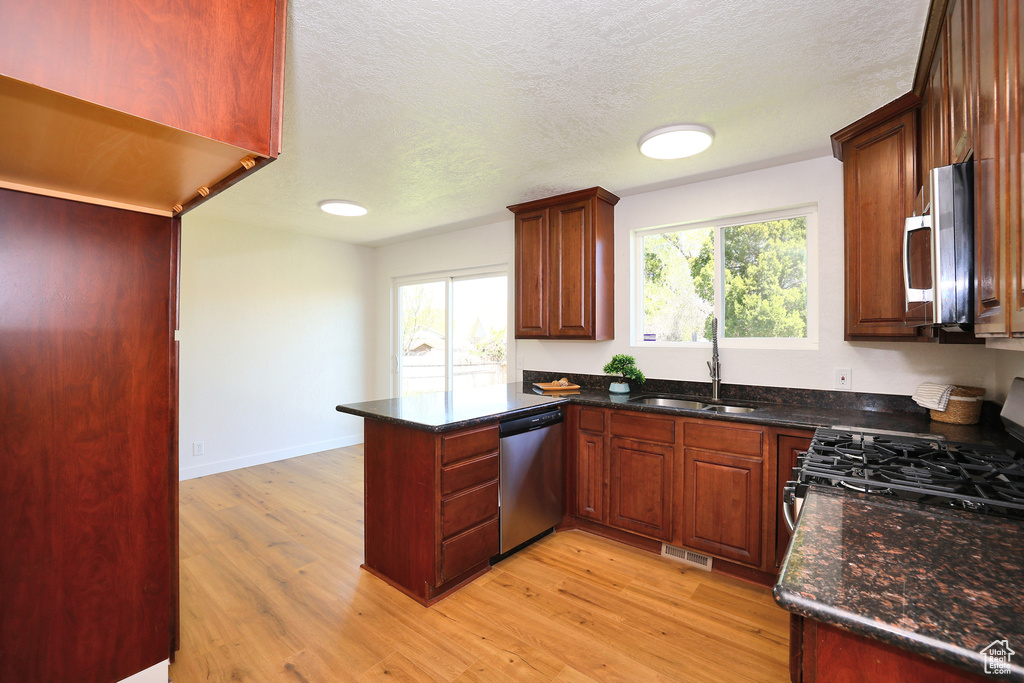 Kitchen featuring plenty of natural light, light hardwood / wood-style flooring, stainless steel appliances, and kitchen peninsula