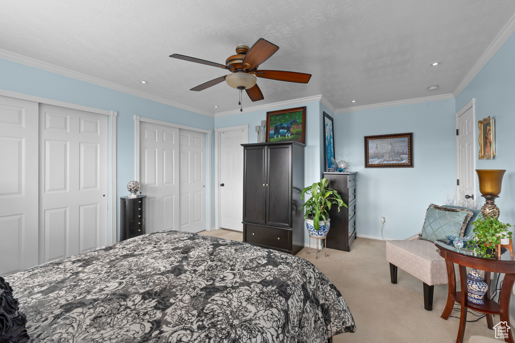 Carpeted bedroom with ceiling fan, crown molding, and multiple closets