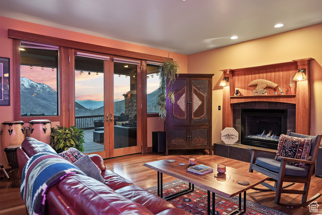 Living room featuring french doors, light hardwood / wood-style flooring, a mountain view, and a fireplace