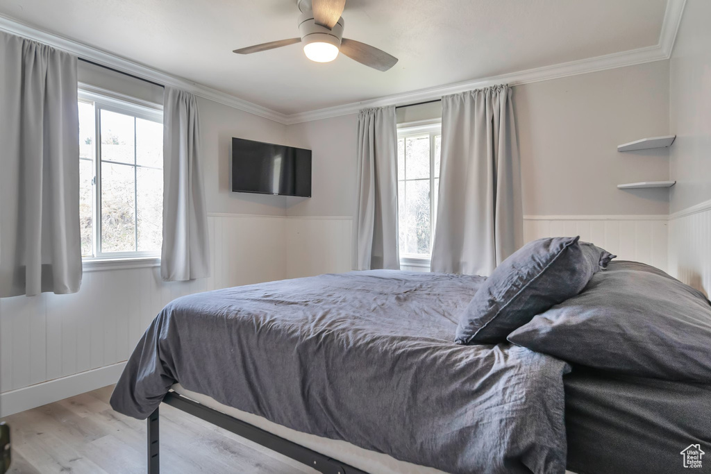 Bedroom featuring light hardwood / wood-style floors, crown molding, ceiling fan, and multiple windows