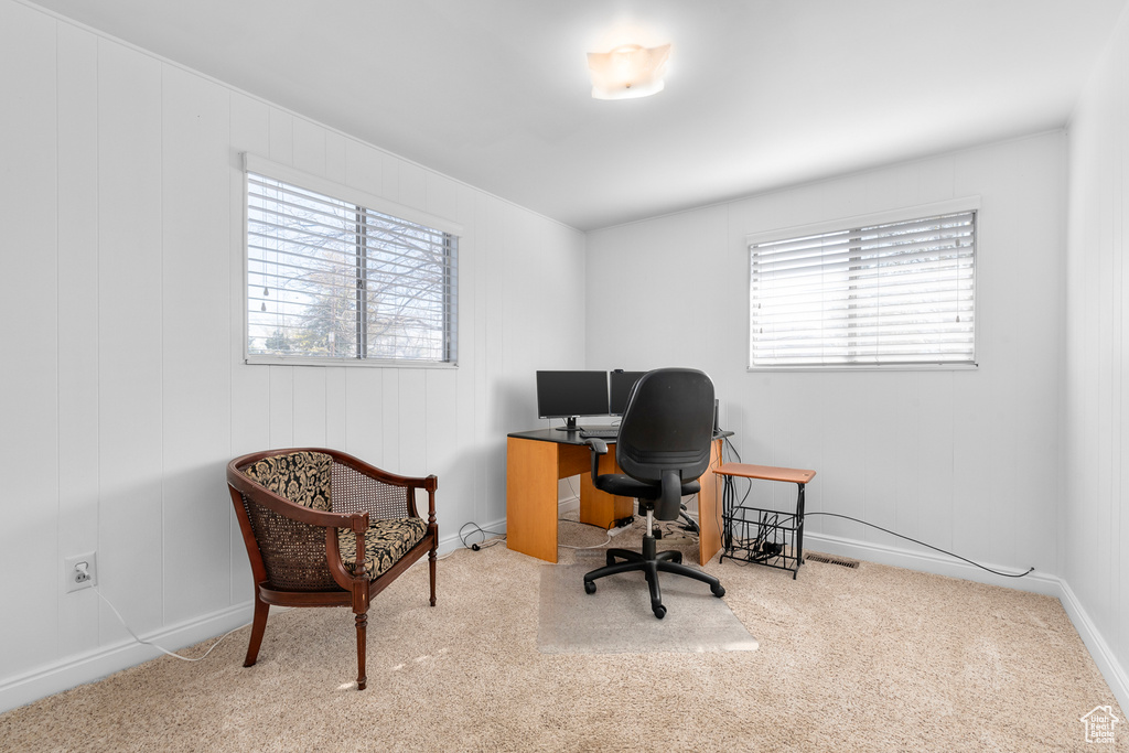 Carpeted office with a healthy amount of sunlight