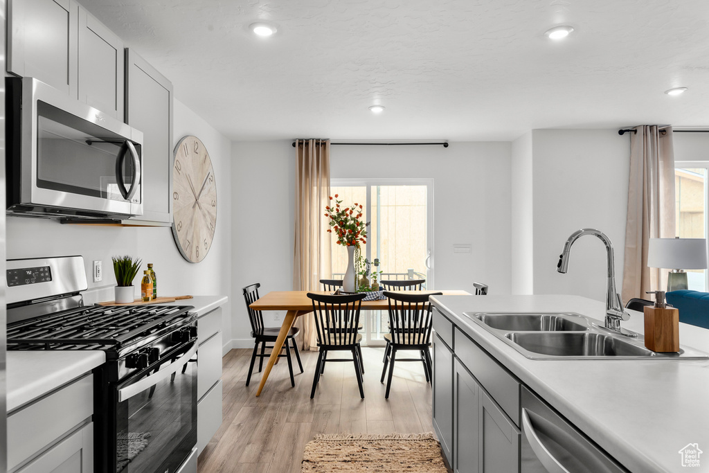 Kitchen with plenty of natural light, light hardwood / wood-style floors, stainless steel appliances, and sink