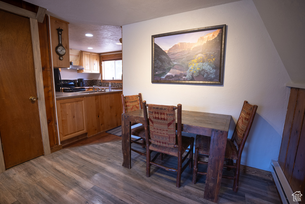 Dining area featuring dark hardwood / wood-style floors and a baseboard heating unit