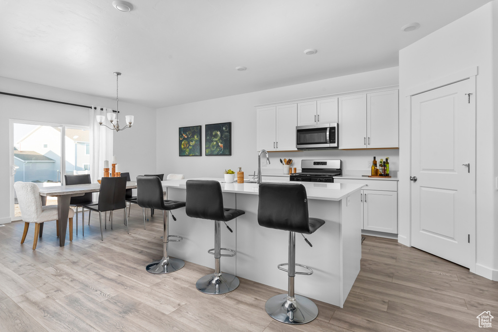 Kitchen with appliances with stainless steel finishes, pendant lighting, white cabinetry, and a center island with sink