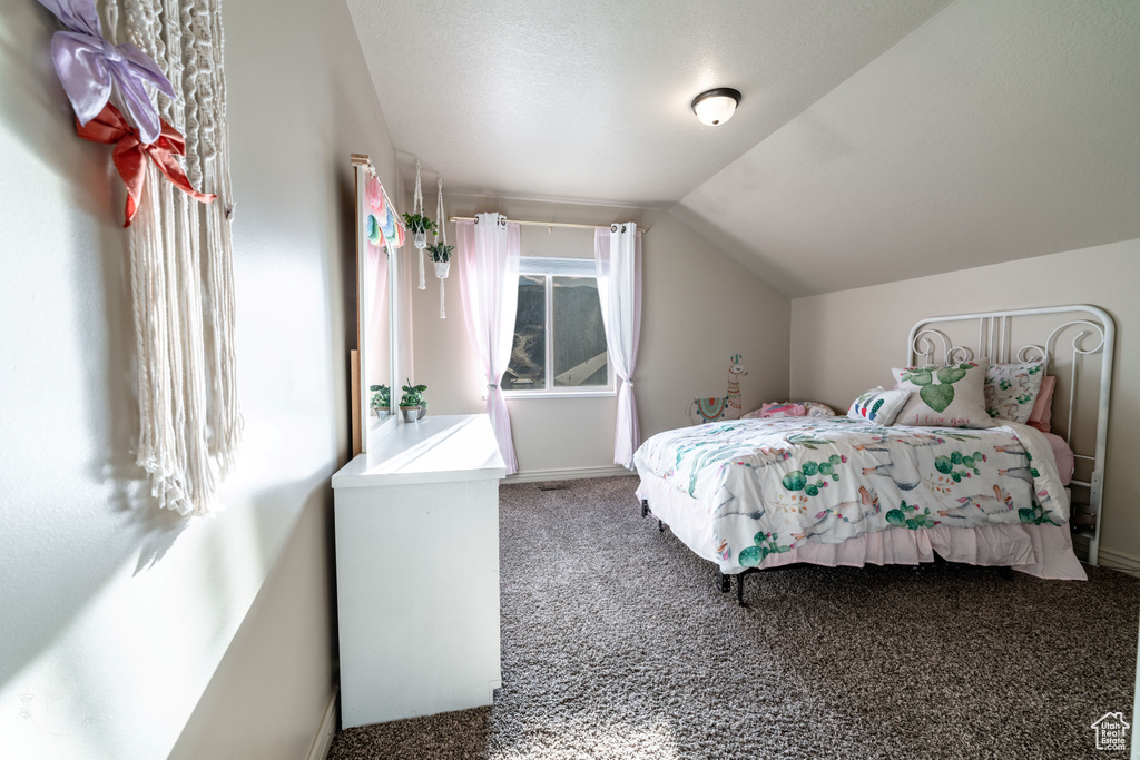 Bedroom featuring carpet floors and lofted ceiling