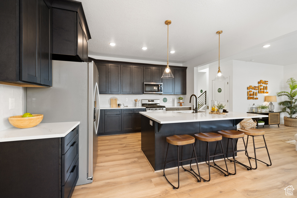 Kitchen with a breakfast bar area, stainless steel appliances, an island with sink, pendant lighting, and light wood-type flooring