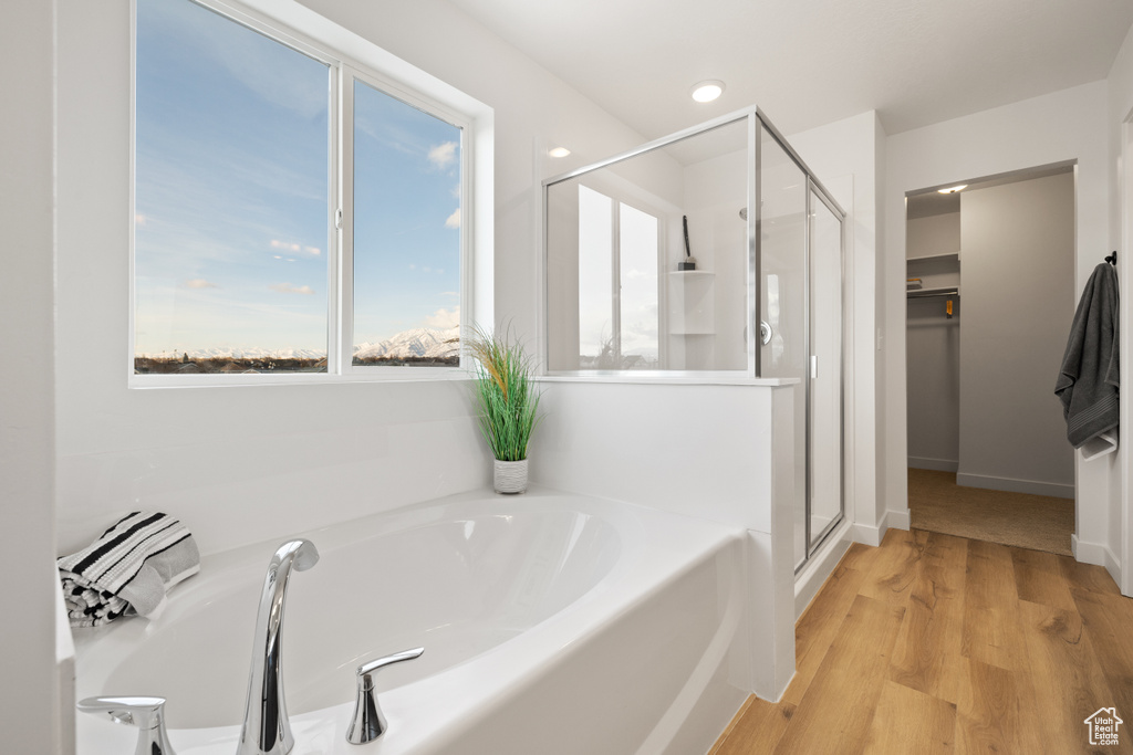 Bathroom with plenty of natural light, hardwood / wood-style floors, and shower with separate bathtub