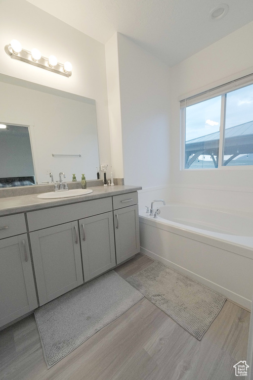 Bathroom featuring a bathing tub, vanity, and hardwood / wood-style floors