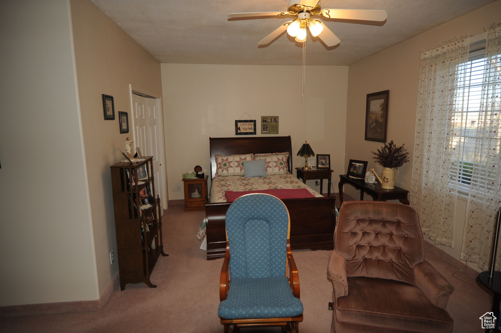 Interior space with carpet flooring and ceiling fan